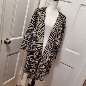 NWT Anne Klein Beige & Black Zebra Print Cascading Open Front Cardigan S…